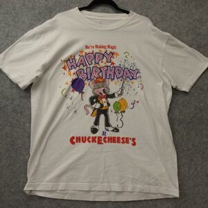 Vintage Chuck E Cheese T Shirt LARGE White Happy Birthday Cartoon 90s Tee USA